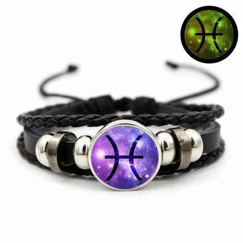 Bracelet Lumineux Constellation Du Zodiaque Cuir Tressé Multicouche Verre Métal Punk Vintage Unisexe Brille Dans Le Noir Réglable
