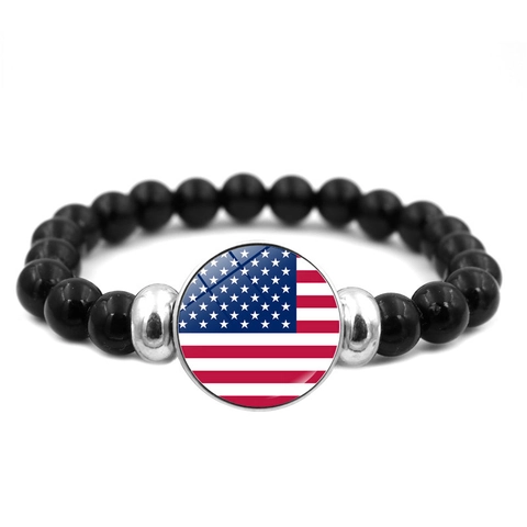 Nationale Vlag Kralen Armband Met Tijd Edelsteen Glas Hanger Zwarte Hars Kralen Stretch Armband Voor Unisex Souvenir Sieraden