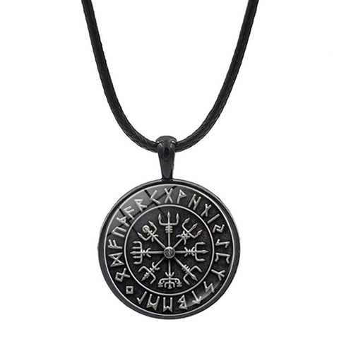 Nordic Viking Vegvisir Compass Rune Pendant Necklace Retro Zinc Alloy Glass Time Gemstone Leather Cord Jewelry For Men Women