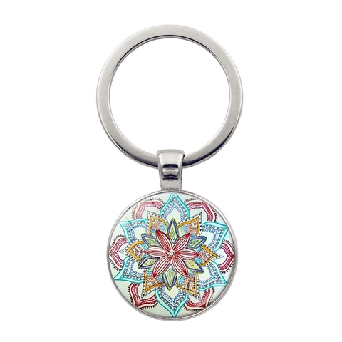 Mandala Flower Yoga Keychain Zinc Alloy Glass Cabochon Pendant Key Ring Bohemian Style Jewelry Gift For Women Girls