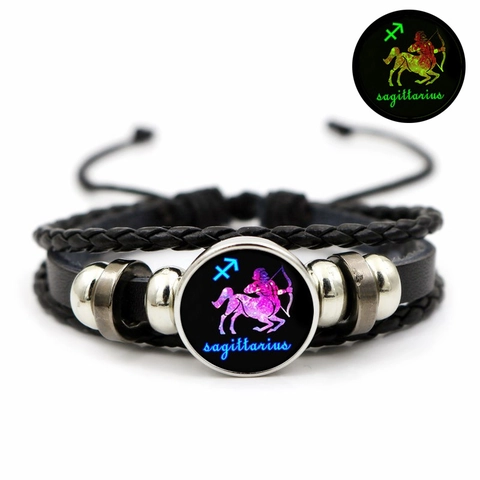 Bracelet Cuir Tressé Lumineux Douze Signes du Zodiaque Punk Vintage Multi Couches Brille Dans le Noir Constellation Bijoux Hommes Femmes