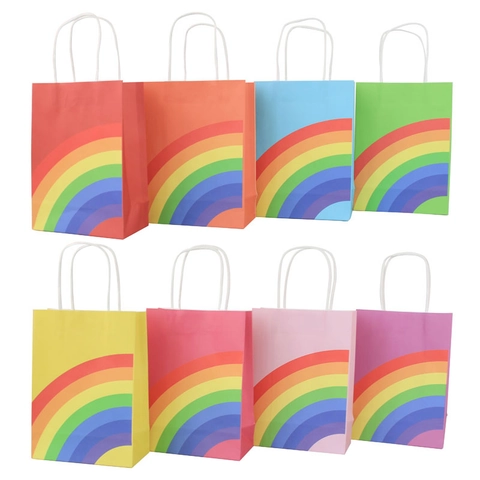Rainbow Paper Gift Bags With Handles For Party Favor Birthday Wedding Kraft Paper Goody Bags Small Handle Bags Multicolor