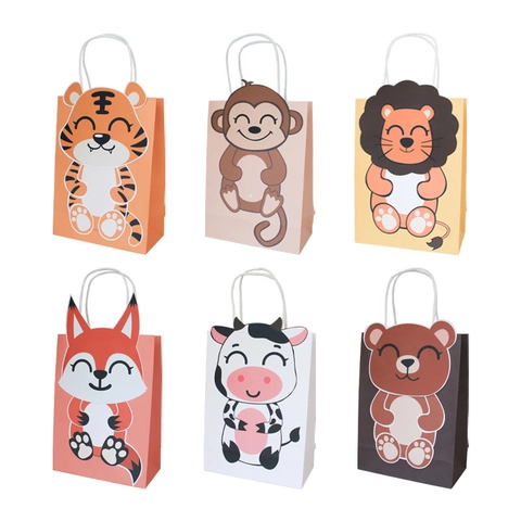 Sacs Cadeaux En Papier Animaux Dessin Animé Avec Poignées Motifs Tigre Lion Singe Ours Renard Vache Pour Fête Anniversaire