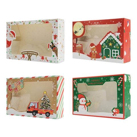 Weihnachts Plätzchen Geschenkbox Weißer Karton Transparentes Fenster Faltverpackung Weihnachtsmann Rentier Muster Festlicher Backbehälter