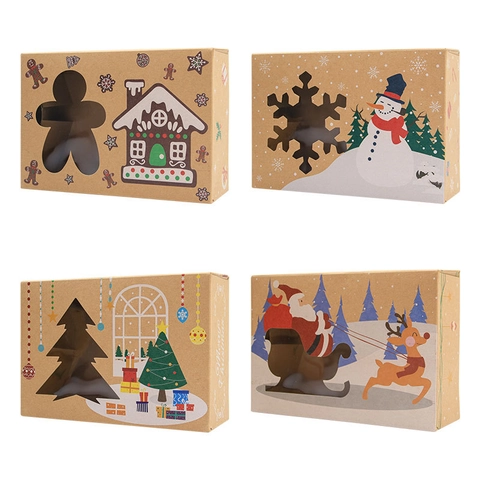 Festive Christmas Kraft Paper Gift Boxes With Clear PVC Window For Cookies Candy Party Favors Gingerbread Snowman Patterns
