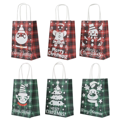Weihnachts Geschenktüten Kraftpapier Karomuster Handgehaltene Feiertags Party Bevorzugung Verpackung Cartoon Weihnachtsmann Schneemann Rentier