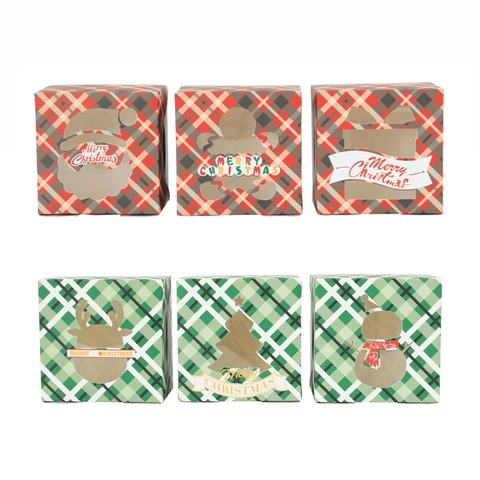 Set di Scatole Regalo di Natale a Quadretti Con Finestra in PVC per Caramelle Biscotti Carta Tartan Rosso Verde Decorazione Festa