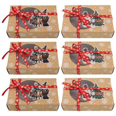 Boîtes à Biscuits en Papier Kraft de Noël Avec Fenêtre Transparente Ruban en Satin Père Noël Bonhomme de Neige Renne Motif Cadeau de Vacances Emballage de Boulangerie