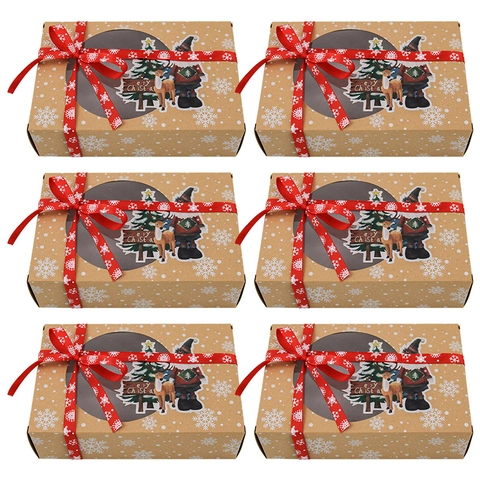 Christmas Kraft Paper Cookie Boxes With Clear Window Satin Ribbon Santa Snowman Reindeer Pattern Holiday Gift Bakery Packaging