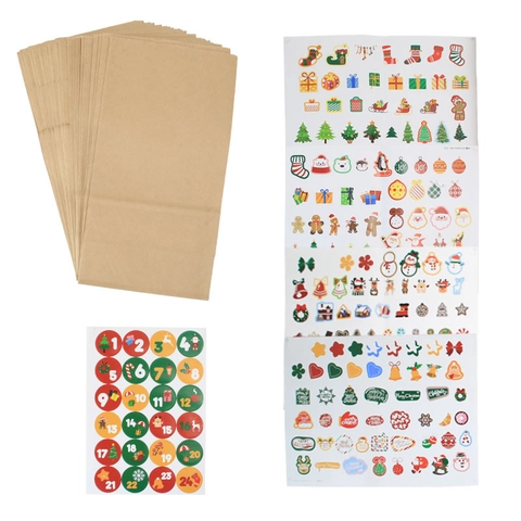 Christmas Advent Calendar Gift Bags Kraft Paper DIY Stickers Square Bottom Food Packaging Holiday Party Decor