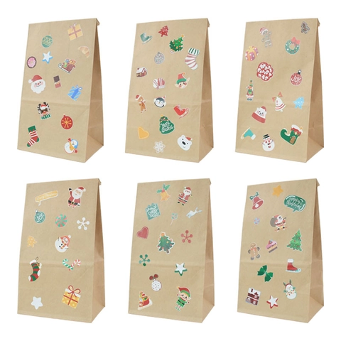 Christmas Advent Calendar Gift Bags Kraft Paper DIY Stickers Square Bottom Food Packaging Holiday Party Decor