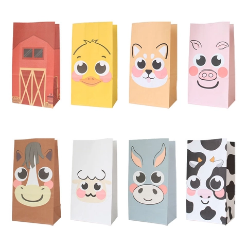 Sacs Cadeaux en Papier Kraft Animaux de la Ferme Dessin Animé Avec Autocollants Pour Cadeaux de Fête d'Anniversaire Pour Enfants Sacs d'Emballage Alimentaire Résistants aux Graisses