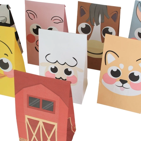 Sacs Cadeaux en Papier Kraft Animaux de la Ferme Dessin Animé Avec Autocollants Pour Cadeaux de Fête d'Anniversaire Pour Enfants Sacs d'Emballage Alimentaire Résistants aux Graisses