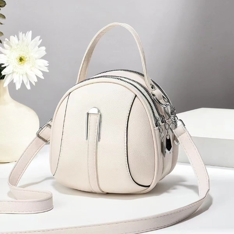 Kleine Ronde Schoudertas Van PU Leer Met Lychee Patroon Drievoudige Ritssluiting Crossbody Handtas Mode Voor Dames
