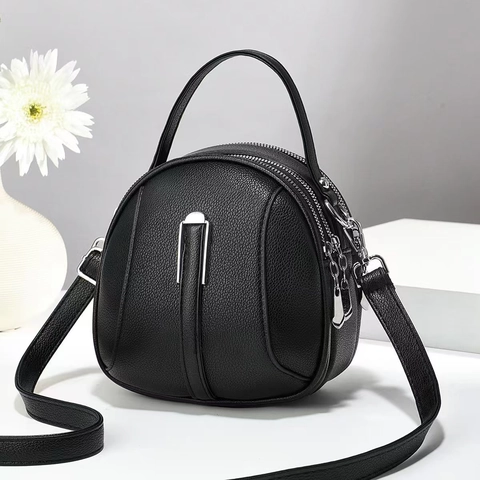Kleine Ronde Schoudertas Van PU Leer Met Lychee Patroon Drievoudige Ritssluiting Crossbody Handtas Mode Voor Dames