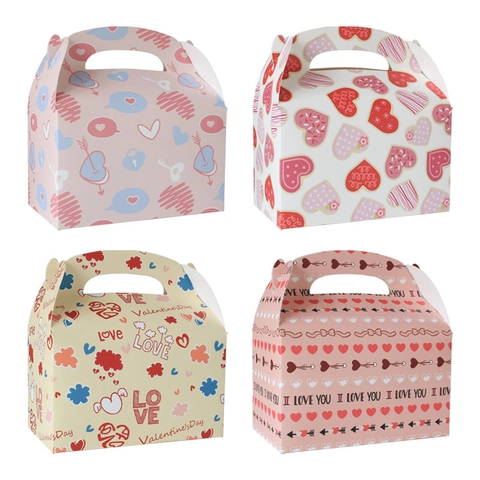 Boîtes Cadeaux Gable Saint Valentin Papier Poignée Motif Cœur Emballage Bonbons Biscuits Pliable Articles De Fête