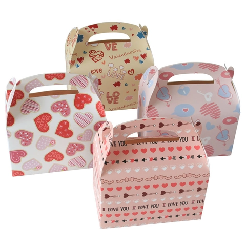 Boîtes Cadeaux Gable Saint Valentin Papier Poignée Motif Cœur Emballage Bonbons Biscuits Pliable Articles De Fête