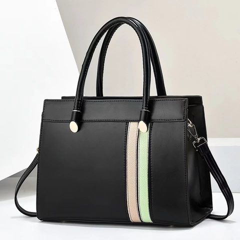 Sac à Main Femme En Cuir PU Rayures Verticales Color Block Sac Cabas Structuré Avec Bandoulière Amovible Matériel Doré Minimaliste