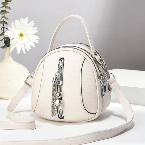 Fashion Litchi Pattern PU Leather Shoulder Bag For Women With Tassel Bear Pendant Multi Layer Zipper Handbag Round Crossbody Bag