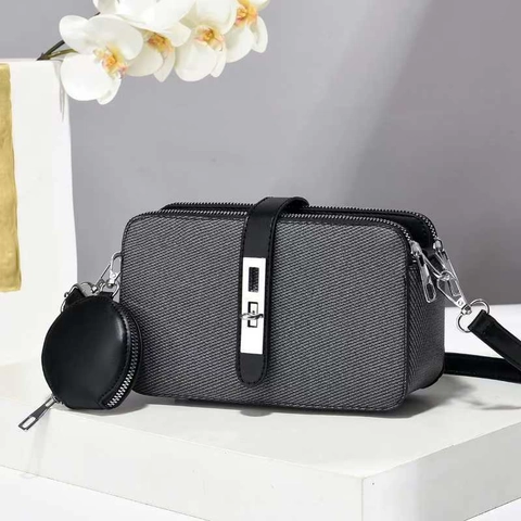Women Crossbody Shoulder Bag PU Leather Woven Texture Fashion Camera Style With Round Coin Purse Accessory