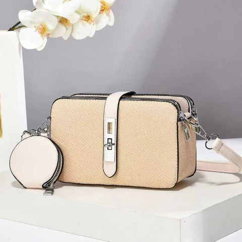 Women Crossbody Shoulder Bag PU Leather Woven Texture Fashion Camera Style With Round Coin Purse Accessory