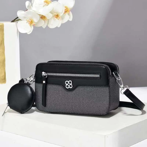 Bolso Bandolera Mujer PU Cuero Tela Empalme Color Macarrón Cuadrado Con Monedero Redondo Correa Removible