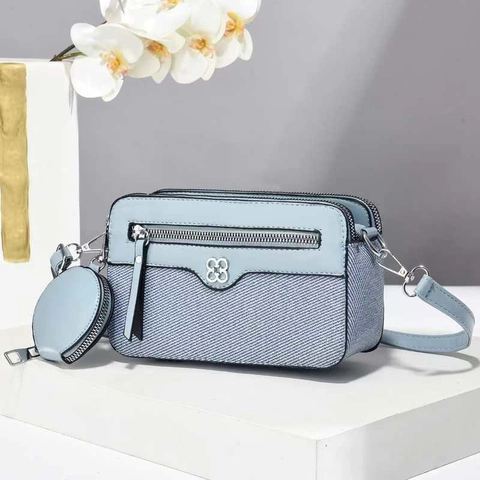Bolso Bandolera Mujer PU Cuero Tela Empalme Color Macarrón Cuadrado Con Monedero Redondo Correa Removible