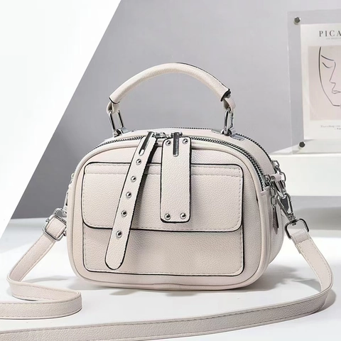 Women Shoulder Bag Litchi Grain PU Leather Multi Layer Large Capacity Triple Zippers Crossbody Handbag Rivet Decor Vintage