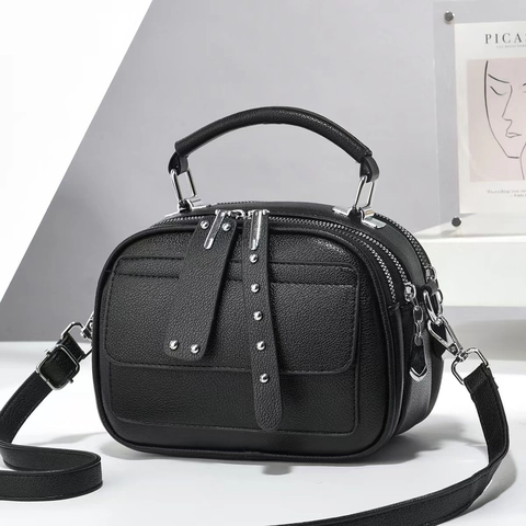 Women Shoulder Bag Litchi Grain PU Leather Multi Layer Large Capacity Triple Zippers Crossbody Handbag Rivet Decor Vintage
