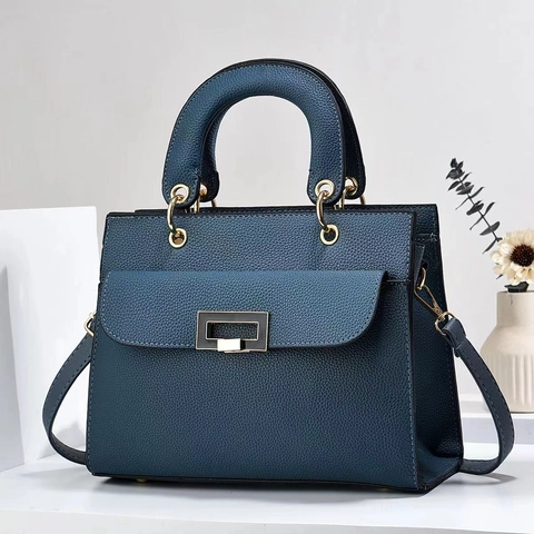 Elegant Women Handbag PU Leather Lychee Texture Crossbody Bag Gold Hardware Structured Commuting Shoulder Purse