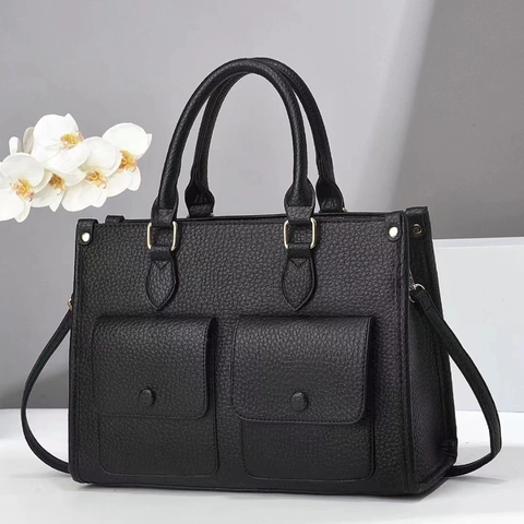Borsa Tote da Donna in Pelle PU di Grande Capacità Moda Motivo Litchi Borsa a Tracolla Con Doppie Tasche Frontali e Tracolla Regolabile