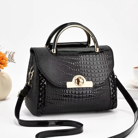 Women Handbag Crocodile Pattern PU Leather Crossbody Bag Golden Metal Handle Twist Lock Elegant Fashion Shoulder Bag