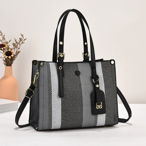 Women Striped Canvas And PU Leather Tote Bag Large Capacity Crossbody Handbag Elegant Colorblock Shoulder Bag