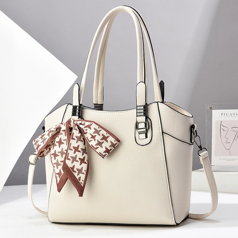 Bolso Tote Elegante De Cuero PU Con Grano De Lichi Y Pañuelo De Pata De Gallo Bolso De Gran Capacidad Para Mujer Oficina Diario