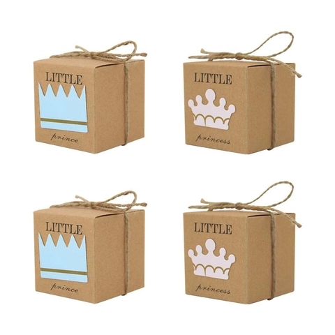 Kraft Paper Candy Box Little Prince Princess Crown Square Cube Gift Box With Jute Rope For Wedding Baby Shower Party Favors