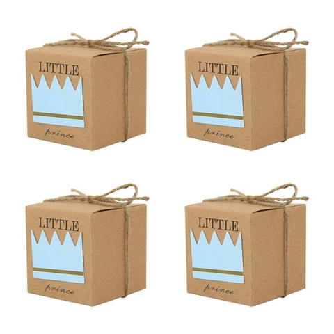 Kraft Paper Candy Box Little Prince Princess Crown Square Cube Gift Box With Jute Rope For Wedding Baby Shower Party Favors