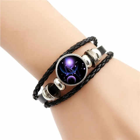 Bracciale in Pelle Luminoso Dodici Segni Zodiacali Bracciale Intrecciato Multistrato Fatto a Mano Con Cabochon in Vetro Gioielli Regalo