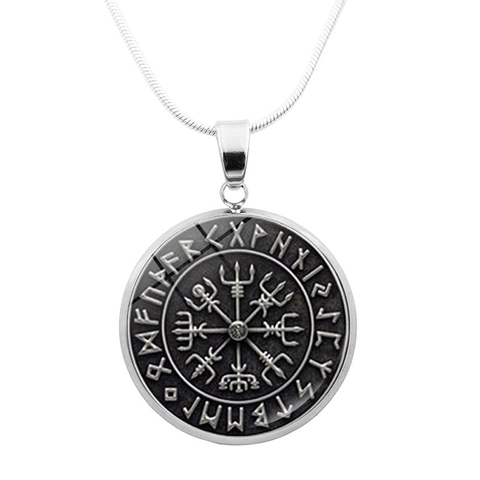 Collar con Colgante de Brújula Vegvisir Vikingo Nórdico para Hombre Mujer Vidrio Retro Cobre Runas Amuleto Cadena de Serpiente Joyería Regalo