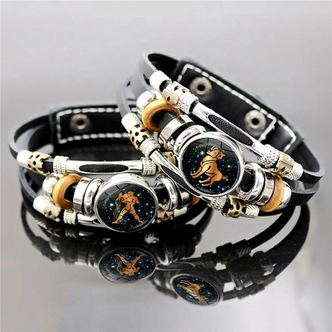 Luminous 12 Zodiac Sign Bracelet Vintage Punk Multi Layer Braided Leather Constellation Glow In The Dark Jewelry For Men Women