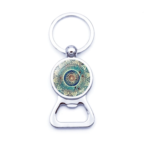 Mandala Flower Bottle Opener Keychain Vintage Zinc Alloy Glass Cabochon Mandala Pattern Metal Key Ring For Party Travel Gift Unisex