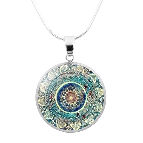 Vintage Mandala Flower Glass Pendant Necklace Bohemian Ethnic Style Copper Snake Chain Jewelry Yoga Meditation For Women