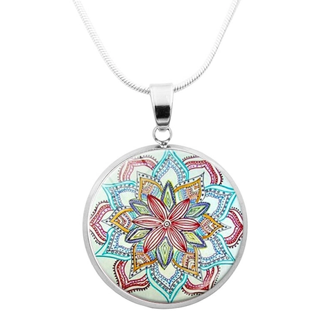 Vintage Mandala Flower Glass Pendant Necklace Bohemian Ethnic Style Copper Snake Chain Jewelry Yoga Meditation For Women