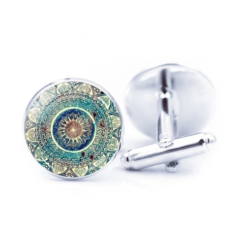 Heren Mandala Patroon Legering Manchetknopen Vintage Etnische Stijl Verzilverd Glas Cabochon Overhemd Accessoires Sieraden Cadeau