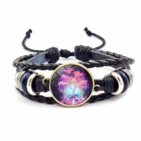 Retro Braided Leather Tree Of Life Bracelet For Unisex Handmade Glass Cabochon Multilayer Wrap Jewelry Gift