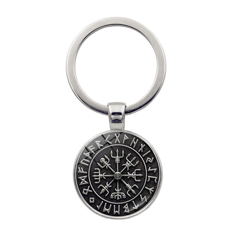 Nordic Viking Vegvisir Compass Keychain Vintage Zinc Alloy Glass Cabochon Rune Key Ring Men Women Mythology Jewelry Gift