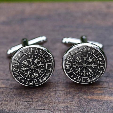 Noorse Viking Kompas Manchetknopen Zilveren Legering Glas Cabochon Vegvisir Odin Runen Valkyrie Wolf Heren Shirt Sieraden