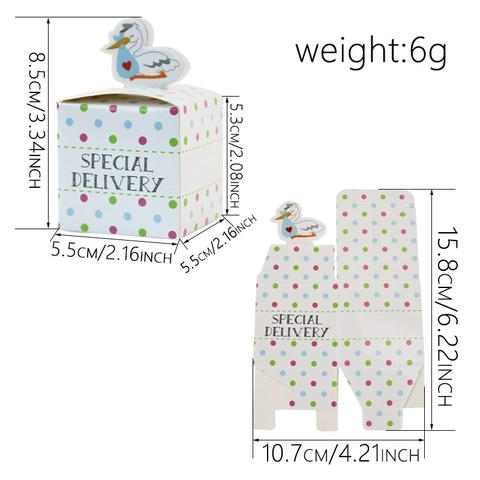 Caja de Caramelos Lunares Cigüeña Dibujos Animados Caja de Favor de Fiesta de Bebé Caja de Regalo de Cartulina Blanca
