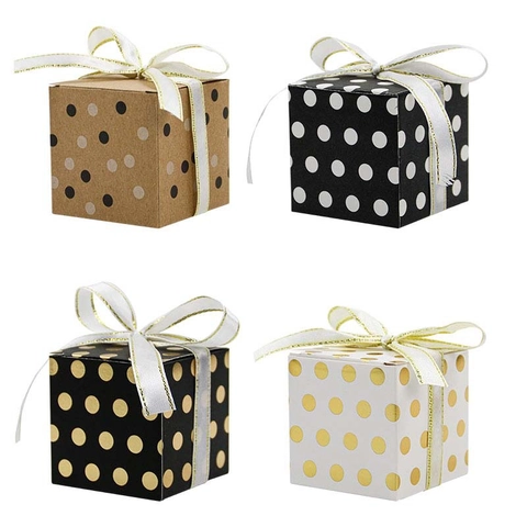 Polka Dot Square Candy Box Gold Foil Paper Gift Favor Box For Wedding Birthday Party Decoration With Ribbon Bow