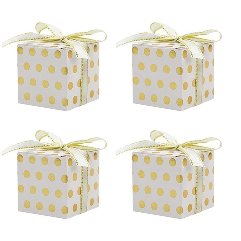 Polka Dot Square Candy Box Gold Foil Paper Gift Favor Box For Wedding Birthday Party Decoration With Ribbon Bow