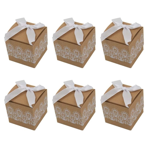 Caja de Caramelos de Papel Kraft Europea Con Patrón de Encaje Blanco Lazo de Cinta de Satén Cuadrada Caja de Regalo DIY para Boda Fiesta